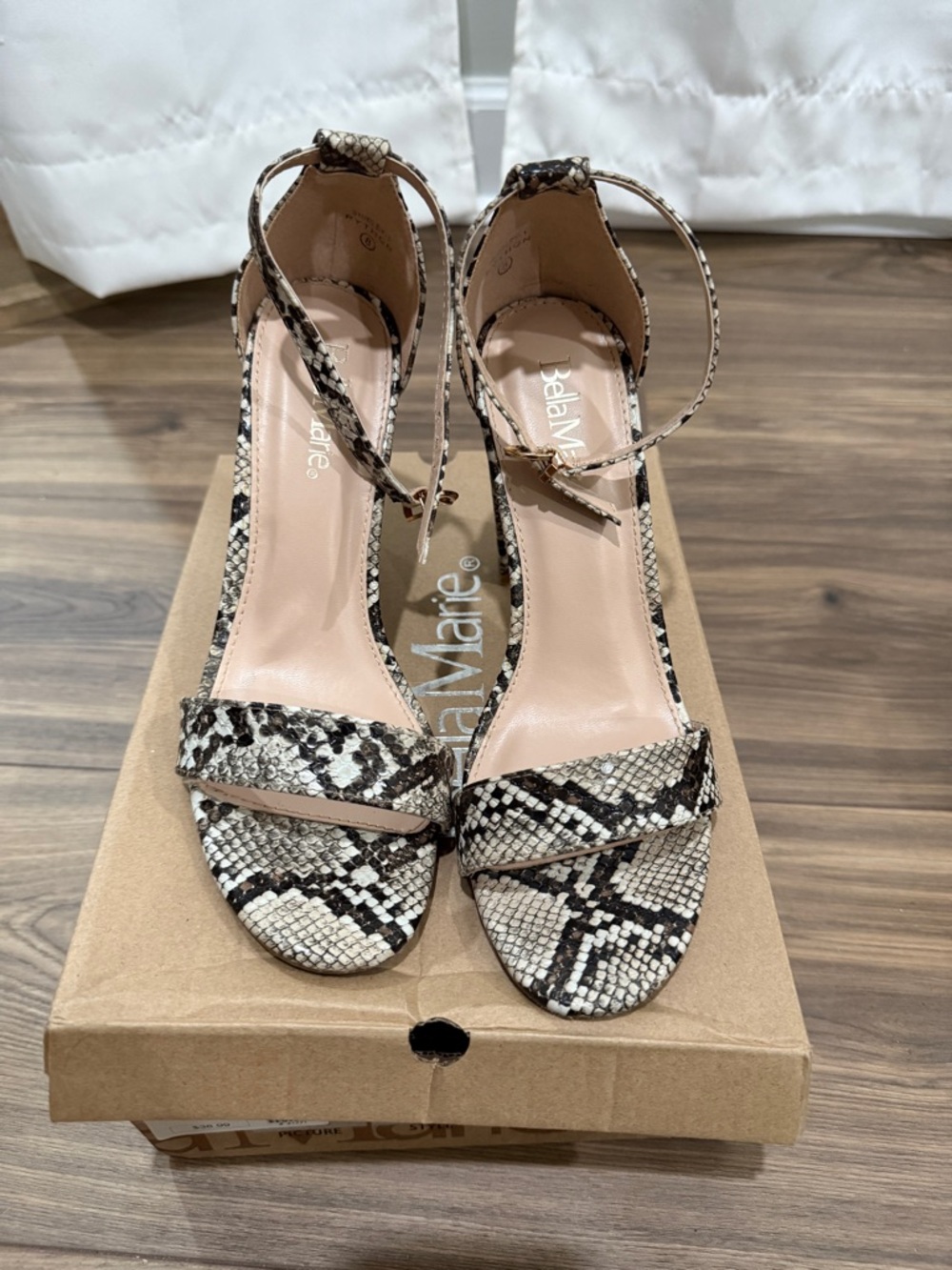 Bella Marie Snake-Print Ankle Strap Heels - Black/White/Beige